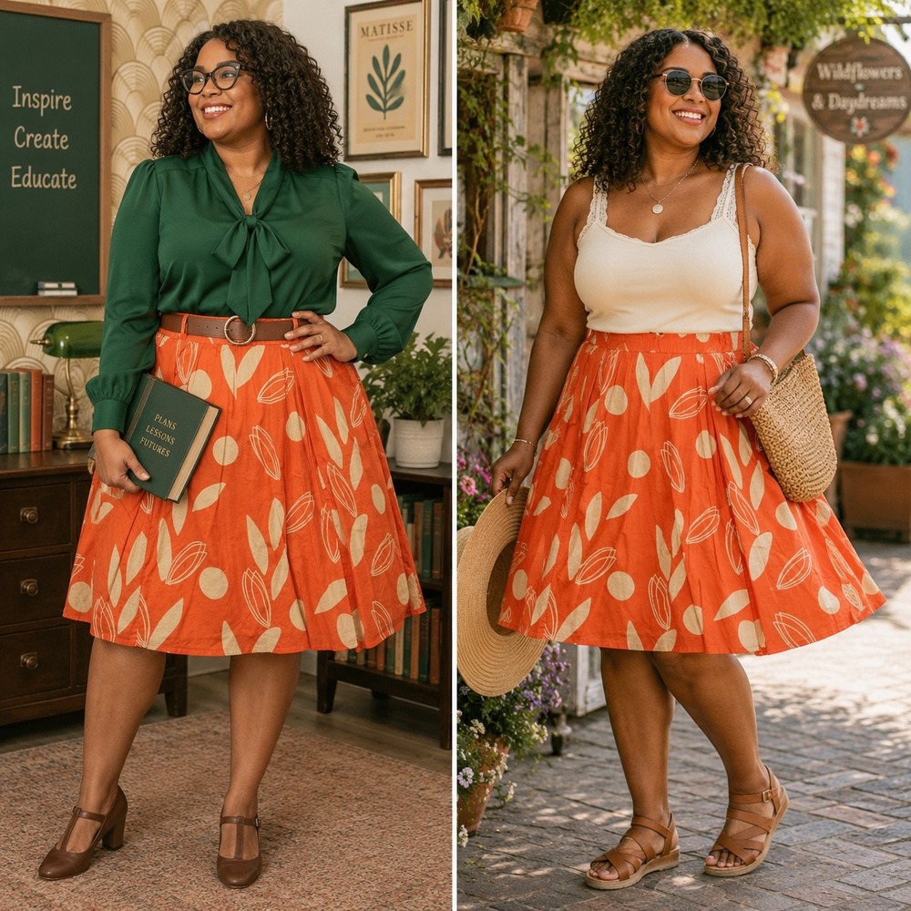 Lane Bryant Women's A-Line Midi Skirt Size 14/16 Orange Floral Teacher Dopamine‎